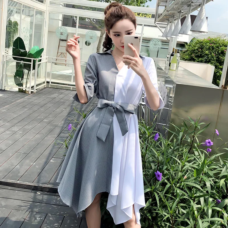 

2019 Summer Women Fashion OL Style Striped Patchwork Irregular Dress with Belt Korean Style V-Neck Shirt Dress Vestidos