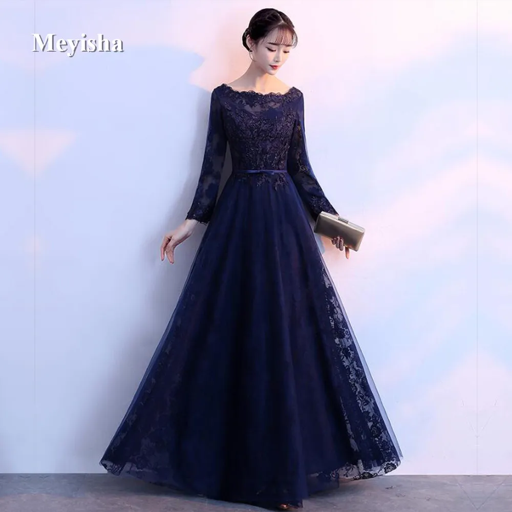 

ZJ7005 Royal Blue 2018 Mother Of The Bride Dresses A-line Full Sleeves Tulle Lace Long Elegant Groom Mother Dresses Wedding