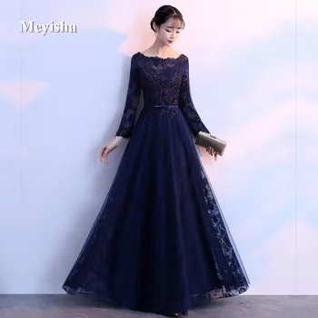 

ZJ7005 Royal Blue 2018 Mother Of The Bride Dresses A-line Full Sleeves Tulle Lace Long Elegant Groom Mother Dresses Wedding