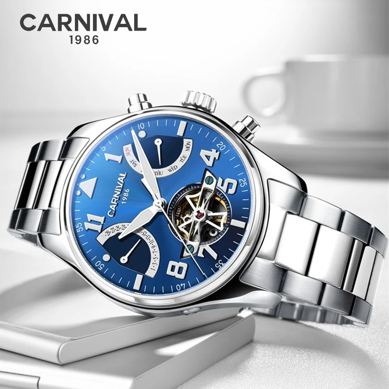 CARNIVAL Tourbillon Mode Welle Silber blau Uhr Leuchtende Display Мужские автоматические механические часы Uhren