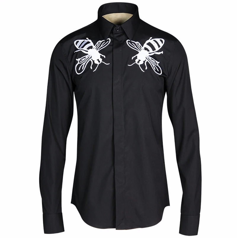 Мужские рубашки, модные рубашки с длинным рукавом, Chemise Homme, повседневные облегающие мужские рубашки с вышивкой пчелы, Мужская брендовая дизайнерская рубашка