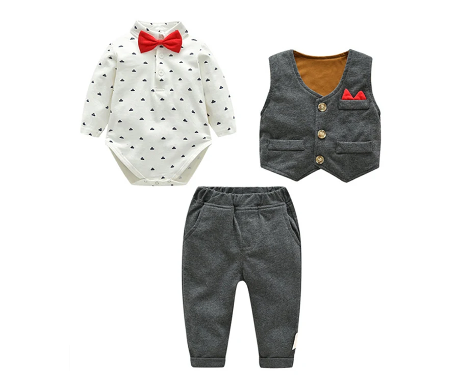 IYEAL/Одежда для маленьких мальчиков, костюмы из 3 предметов, жилет+ галстук, комбинезон+ штаны, модные деловые комплекты одежды для новорожденных, 0-24 месяца