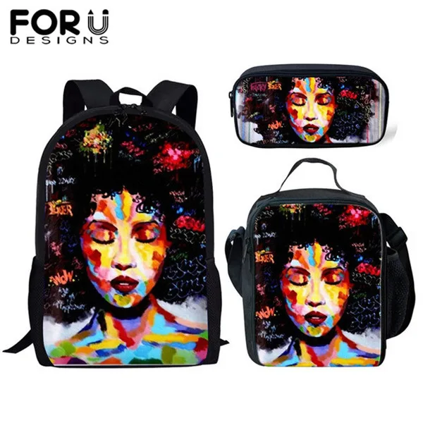 FORUDESIGNS 3 шт./компл. школьные сумки для девочек детский рюкзак с изображением мультипликационных персонажей для детей черного цвета в африканском стиле американская девушка с художественным принтом ранцы Mujer - Color: YQ3481CGK