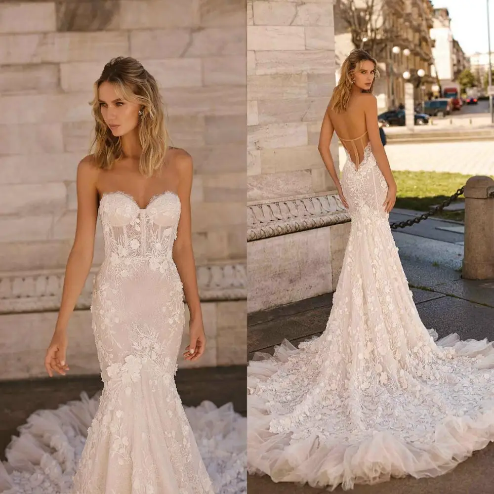 Sweetheart Boho Beach Wedding Dress Lace Appliqued Sweep Train Wedding Gowns robe de soiree Backless Vestido De Novia