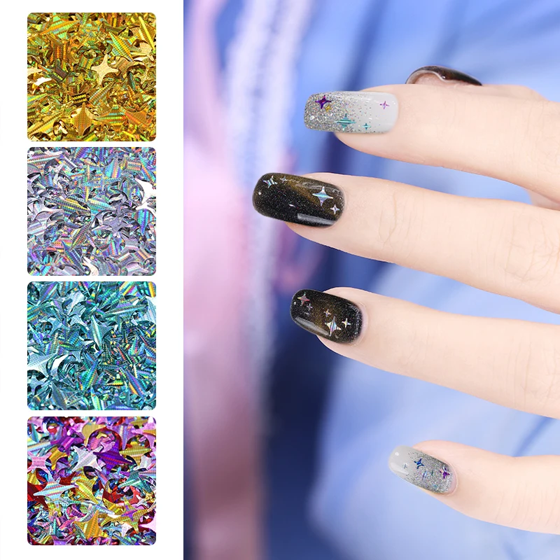 

1 Box Holographic Gold Silver Nail Sequins Four Angle Stars Laser Multi-color DIY Manicure Nail Art Paillette 3D Decoration