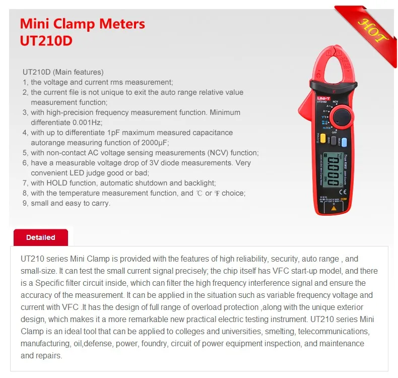 UNI-T UT210D Mini Digital Clamp Meter True RMS Resistance Capacitance Temperature Measure Auto Range AC/DC Voltage Multimeter