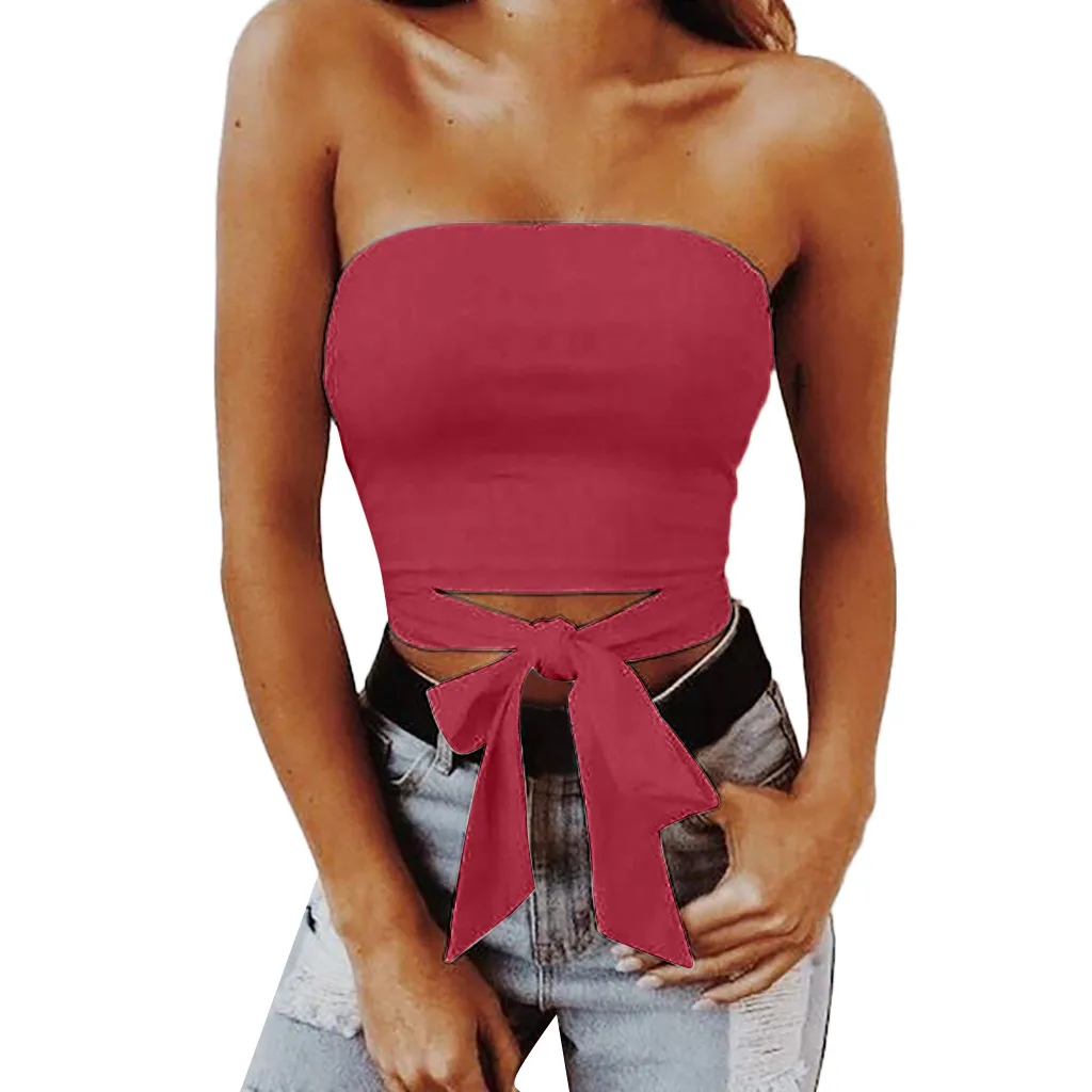 

Summer Sexy Crop Tops For Women Women Solid Sexy Off Shoulder Strapless Vest Bow Knot Tank Top Crop Blouse Feminino 2019