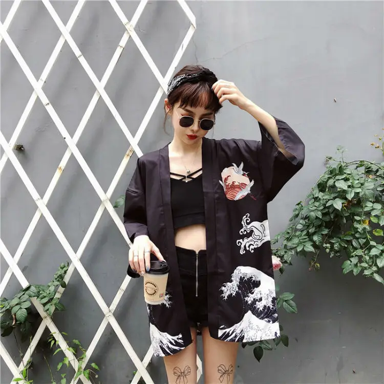 Женский японский традиционный кардиган-Кимоно Одежда Yukata кран печати кардиган Япония солнцезащитный крем Haori Девушка Повседневная куртка для езды