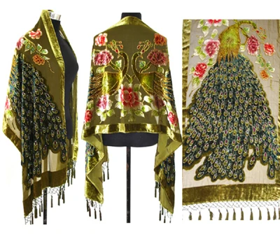 Лидер продаж Для женщин Handbeaded прямоугольник Шелковый платок бархат/шарф павлины SH-0011 - Цвет: Green
