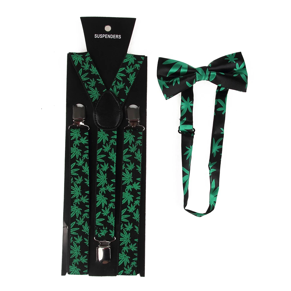 

Fashion Black Green Weed Leaf Suspenders Braces Bowtie Female Bretels 2.5cm Wide Suspenders Bow Tie Set Men Women
