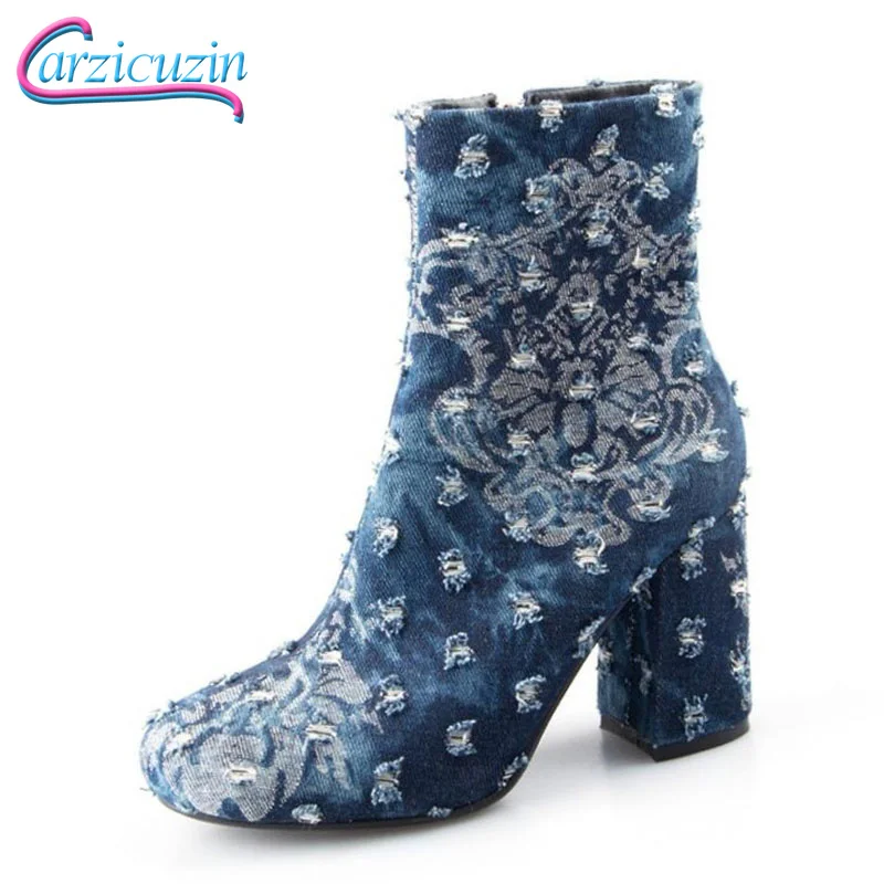 

CarziCuzin Women High Heel Boots Zipper Women Shoes Print Jeans Ankle Boots Women Vintage Short Boots Female Footwear Size 35-41