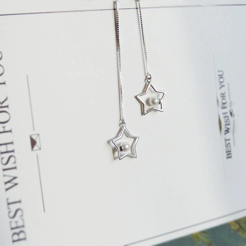 

AKOLION Silver Long Star Imitation Pearl Earrings 925 Sterling Jewelry For Women Girls Wedding Party Gift boucle d'oreille