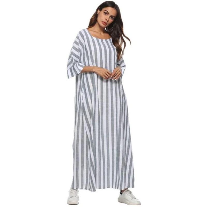 Модное женское Полосатое платье с тремя рукавами большого размера, весеннее повседневное хлопковое льняное Свободное платье, длинная рубашка HC141