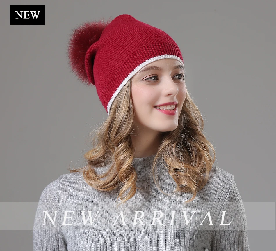Winter Hats For Girls Skullies Knitt Wool Pom Poms Beanies Female Real Fox Fur Pompon Hat For Women 2018 New (1)