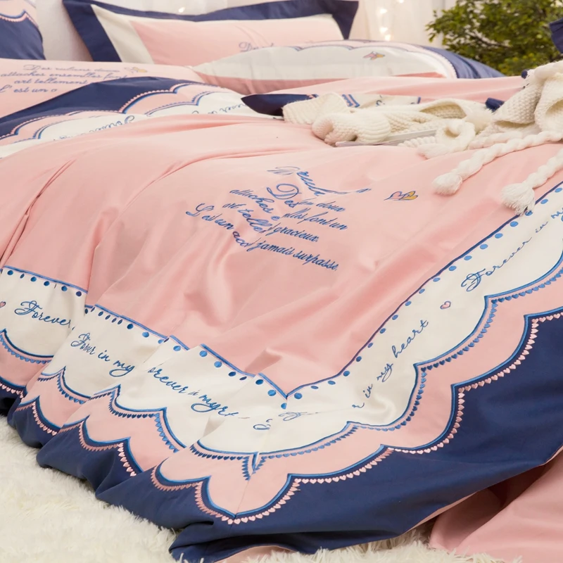 Розовый Роскошные вышивка Постельное белье queen/king size пятно кружевной комплект постельного белья 4/7 шт. Египетский хлопок пододеяльник для комплектов простыней на кровать