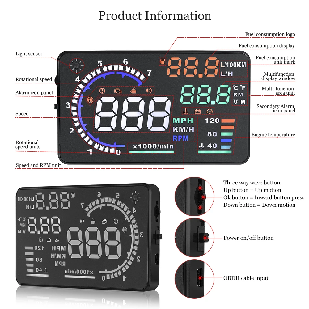 OBD2 HUD автомобилей Head Up Дисплей 5," светодиодный ветрового стекла проектор OBD сканер Скорость топлива Предупреждение сигнализации данные диагностики