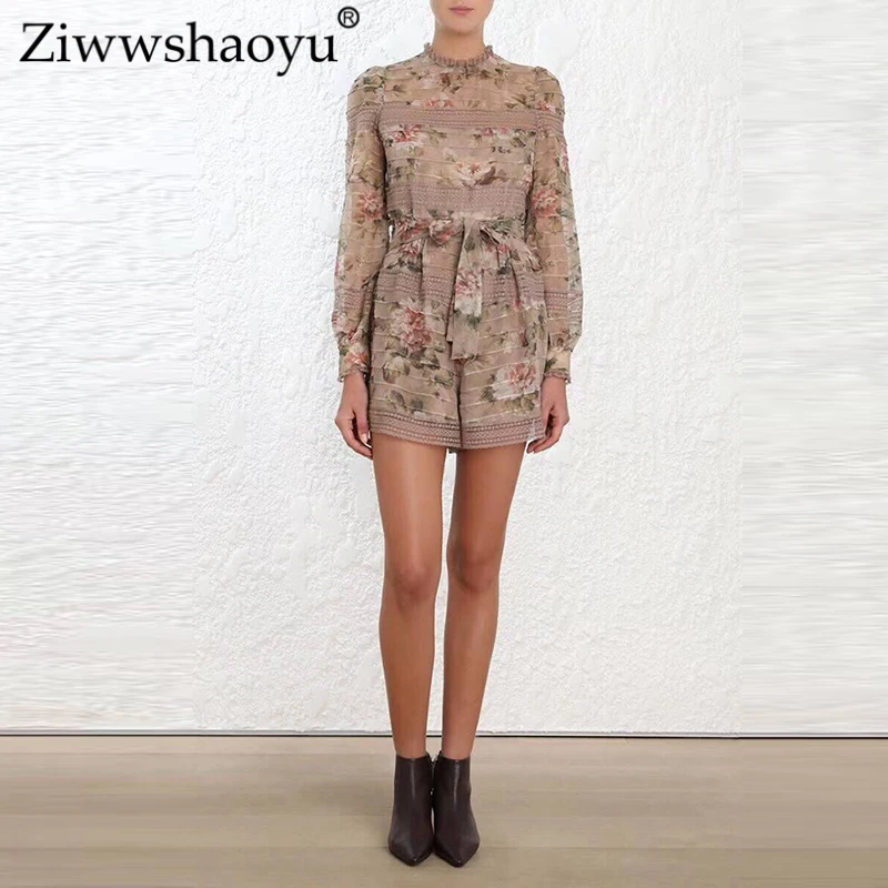 

Ziwwshaoyu Vacation Lace Patchwork Silk Jumpsuits Print Lantern Sleeve Bow Stand Playsuits 2019 spring and summer new women