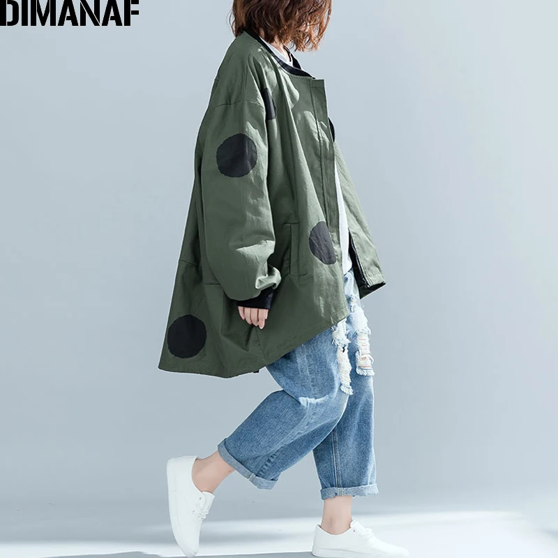 incredible  DIMANAF 2019 Autumn Winter Women Polka Dot Jacket Coat Big Sizes Cardigan Zipper Female Clothes Loo