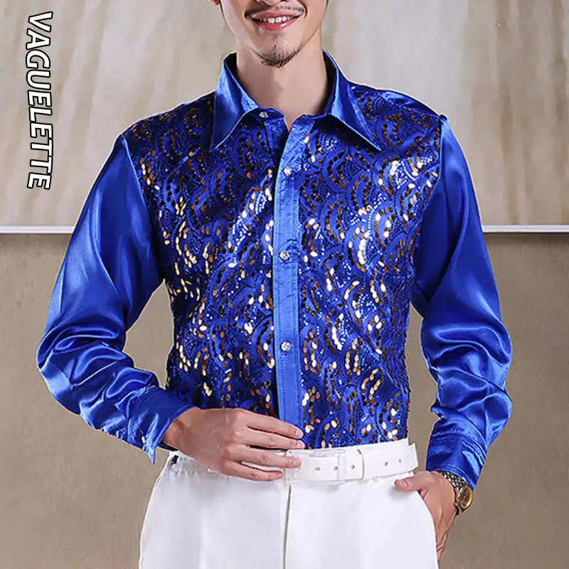 Sequins Royal Blue VAGUELETTE, Роскошные Рубашки-смокинги с блестками и оборками для мужчин, красная/Розовая Одежда для свадьбы, сцены, официальная и Повседневная рубашка, Мужская S-L с длинным рукавом - Цвет: Sequins Royal Blue