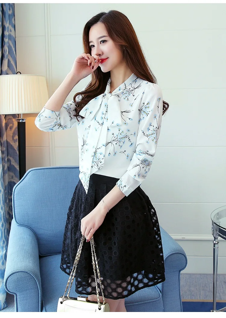 Fashion Spring Autumn Print Bow Collar Womens  Long Sleeve Office Lady Tops Elegant Chiffon Blusas Shirts Slim Casual Blouses