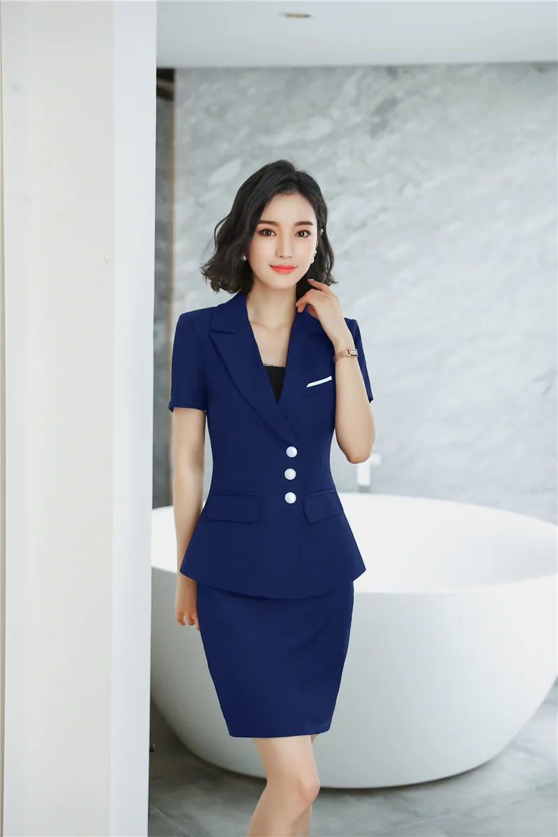 Dark Blue Приталенный модный стиль, летний блейзер с короткими рукавами, костюмы с топом и юбкой для женщин, офисный, деловой, Рабочий комплект одежды - Цвет: Dark Blue