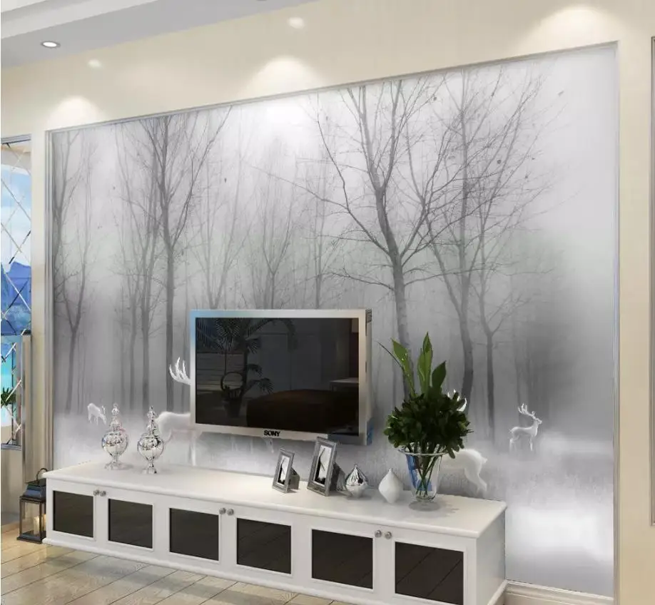 

Custom Wall Mural Modern Art Painting Mural Wallpaper Forest elk abstract woods black and white landscape Living Room Wallpaper
