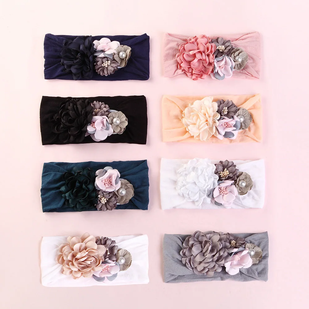 

8 pcs/lot , Burned Satin Flower on Wide Nylon Headwraps, Fabric Flower nylon headbands, Baby Girls Hair Accessory birthday gift