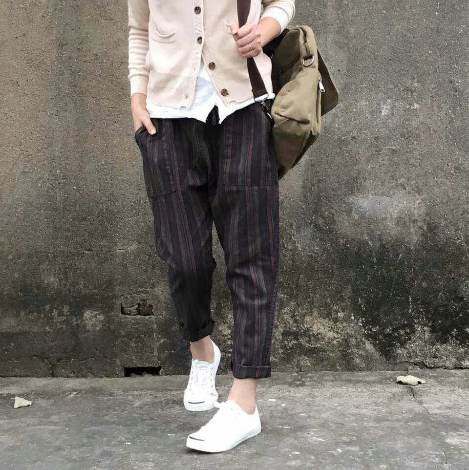 Женщины Stripes Брюки Эластичный Пояс Свободные Повседневные Дамы Полосатый Хлопок