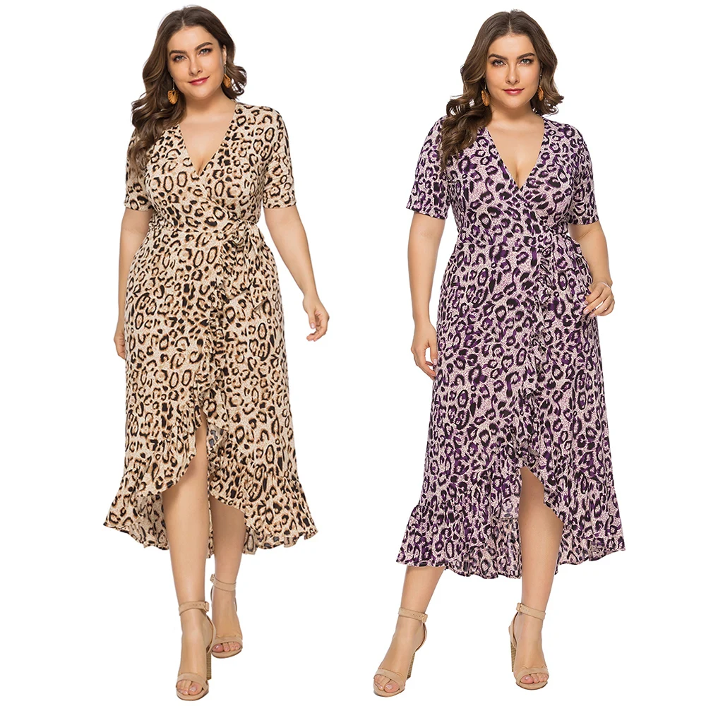 Joineles размера плюс 6XL женское платье лето осень сексуальное леопардовое платье с коротким рукавом с рюшами офисное женское платье