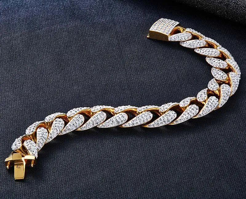 15 мм Мужские коренастый Bling, циркон Майами Кубинский Ссылка Браслет Bling ювелирных хип-хоп золото AAA CZ кубинский браслет-цепочка 7/8/9 дюймов