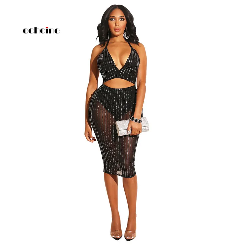 

Echoine Women Jumpsuit Sexy Halter Backless Sequin Mesh Transparent Bikini Tops Skirt Fake Two Piece Set Sheath Elastic Rompers