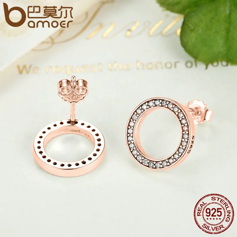 BAMOER, натуральная 925 пробы, серебро, Forever Rose& Clear CZ, Круглый Круг, серьги-гвоздики для женщин, модное ювелирное изделие, PAS484