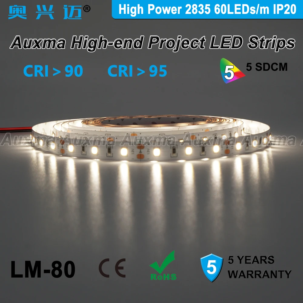 Высокая Мощность 2835 60leds/m Светодиодные ленты, CRI95/CRI90, IP20, DC12V/24 V, 14,4 Вт/м, 300 светодиодов/Катушка, не водонепроницаемый для внутреннего, лобби