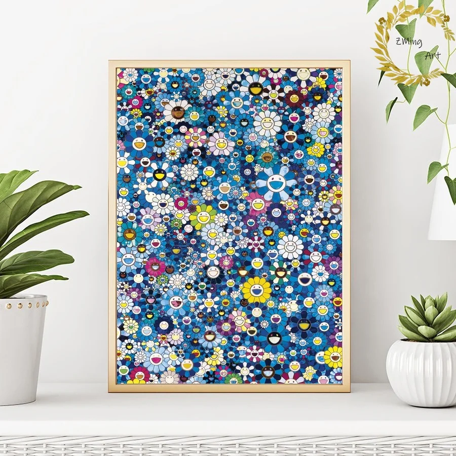 

Murakami Takashi BLUE flower poster Japanese pop art Modern watercolor Canvas Art Print Wall Pictures for Living Room No Frame