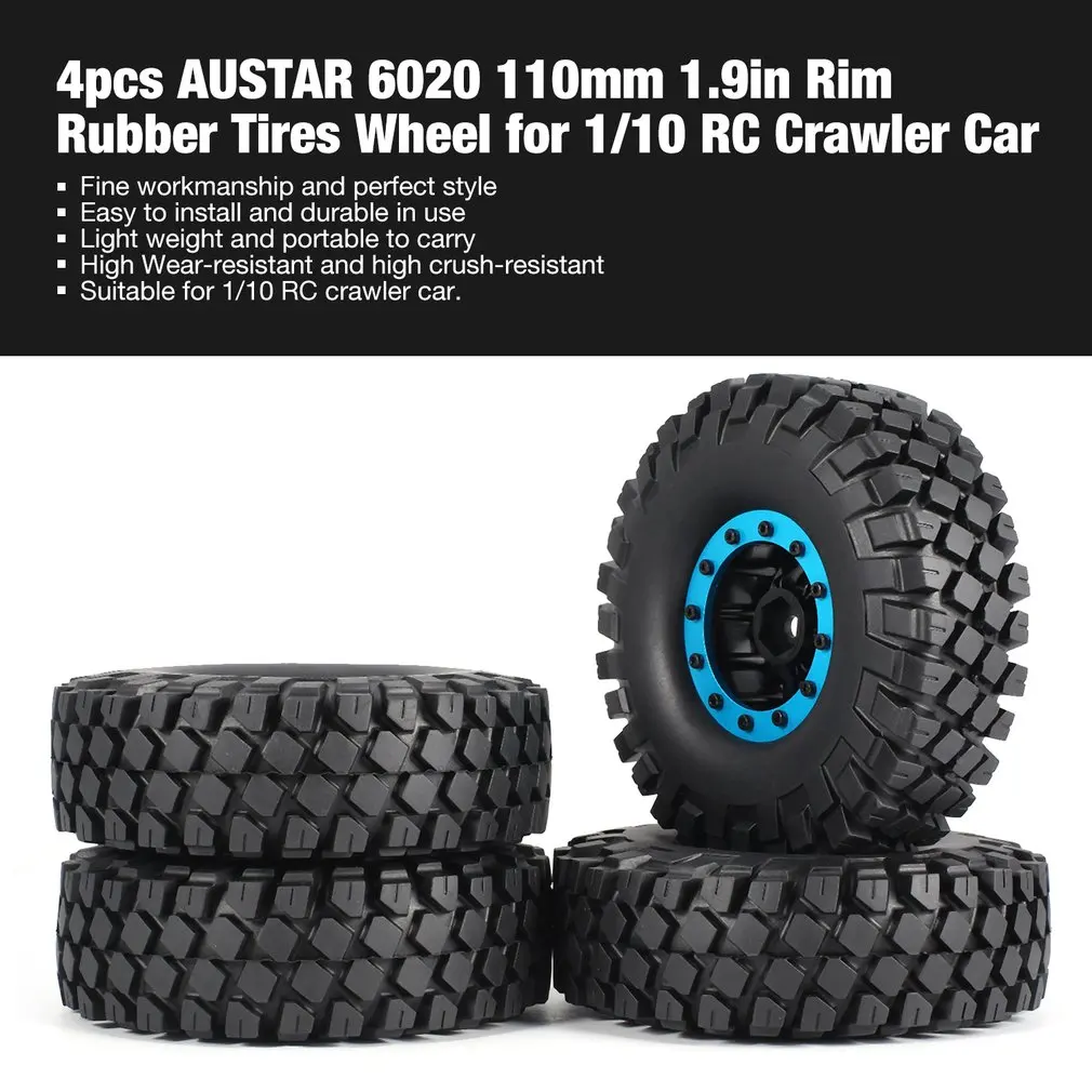 

4pcs AUSTAR 6020 110mm 1.9in Rim Rubber Tyre Tires Beadlock Wheel Set for Axial SCX10 RC4WD D90 1/10 RC Crawler Car Model