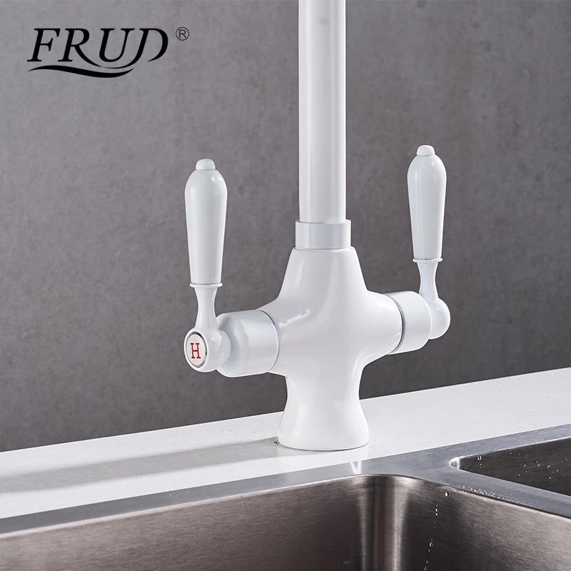 Современный кухонный кран Frud, белый кран для раковины, кран для горячей и холодной раковины, латунный вращающийся кран с двумя ручками, кран Torneira Y40015
