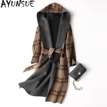 AYUNSUE, весенне-осеннее шерстяное пальто для женщин, двусторонняя Длинная зимняя куртка для женщин, английский стиль, клетчатое шерстяное пальто с капюшоном 37129, WYQ1174