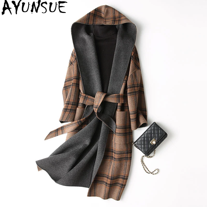 

AYUNSUE 2019 Spring Autumn Wool Coat Female Sided Long Winter Jacket Women England Style Plaid Woolen Coats Hooded 37129 WYQ1174