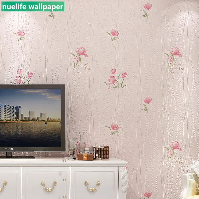 

Idyllic pink flower pattern non-woven thickening wallpaper family hotel living room bedroom TV sofa background wallpaper