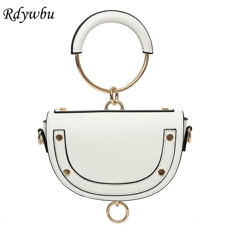 

Rdywbu Metal Ring Rivet Shoulder Bag Women Half Moon PU Leather Saddle Clutch Handbag Round Handle Crossbody Messenger Bag B355