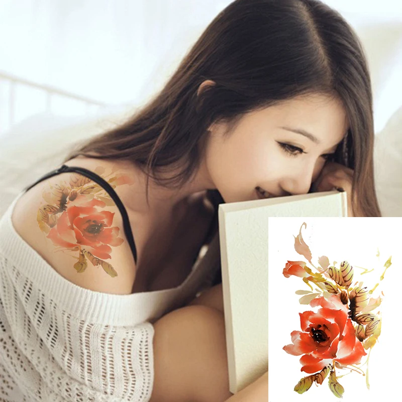 中国水墨画入れ墨デザイン水彩花一時的なタトゥーステッカー防水偽の入れ墨 Waterproof Fake Tattoo Flower Temporary Tattoosfake Tattoo Aliexpress