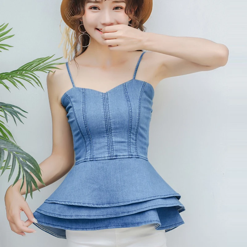 2018 Off The Shoulder Blue Denim Shirts Women Blouses