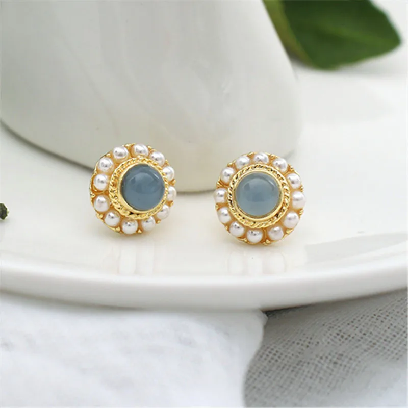 

Fashion Opal stud earrings Vintage blue opal earrings pearl earring Metal female temperament round small stud earrings for women