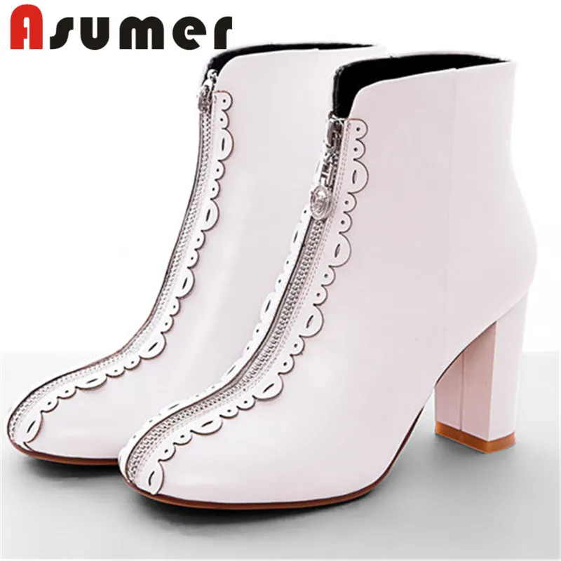 

ASUMER 2020 NEW ARRIVE round toe zip ankle boots for women unique high heels boots thick heels zip fashion genuine leather boots