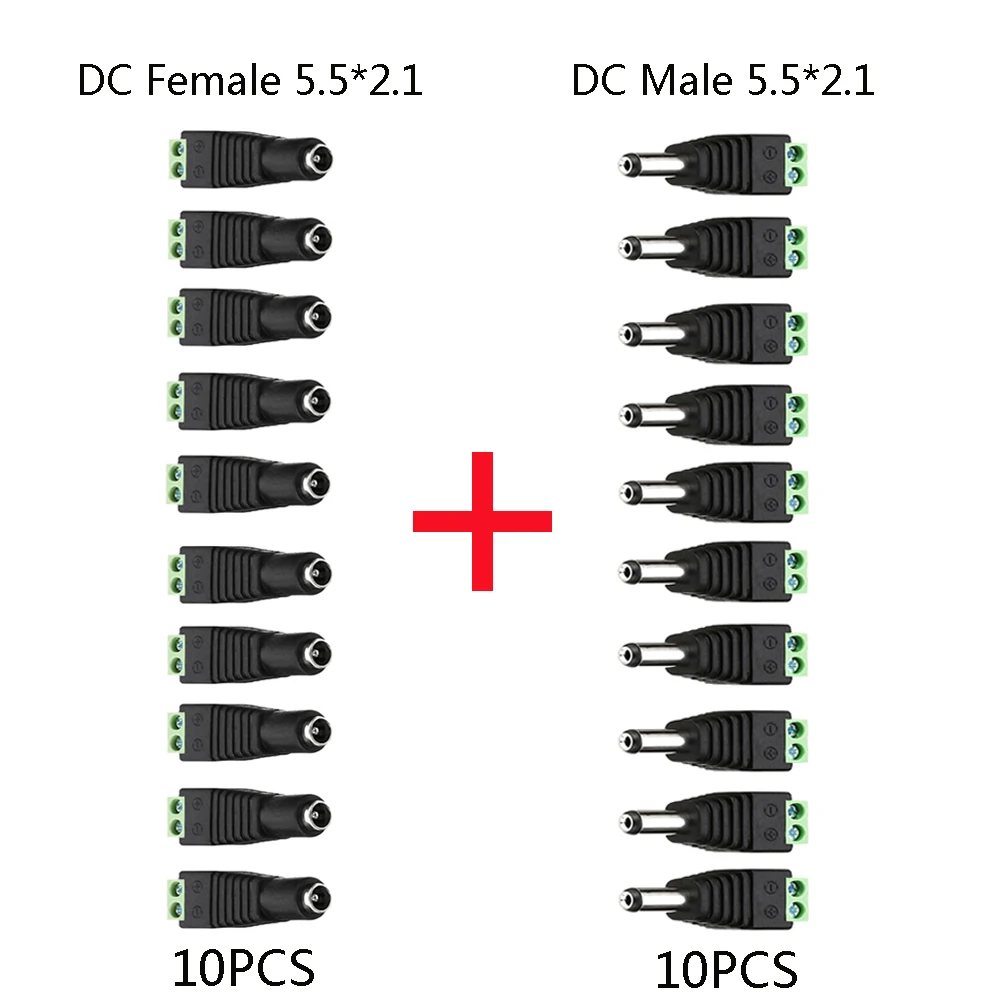 

5.5mm x 2.1mm 20pcs Female Male DC Power Plug Jack Connector Adapter for 5050 3528 5060 Single Color LED Strip and CCTV Cameras