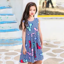 IIMADFWIW/платье для девочек Лето, новые детские платья принцессы с круглым вырезом и принтом без рукавов Vestidos 110-160, синий, розовый