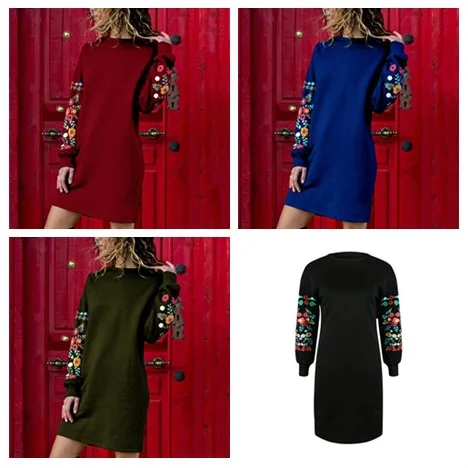 Ladies Elegant Floral Print Dress Winter Warm Long Sleeve O-Neck Women Mini Dress Fashion Streetwear Dress
