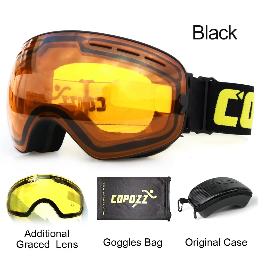 COPOZZ лыжные очки с чехол и желтые линзы UV400 Анти-туман сферические лыжные очки катание на лыжах мужские и женские зимние очки+ крышка объектива+ набор в коробке - Цвет: Lense Orange Set