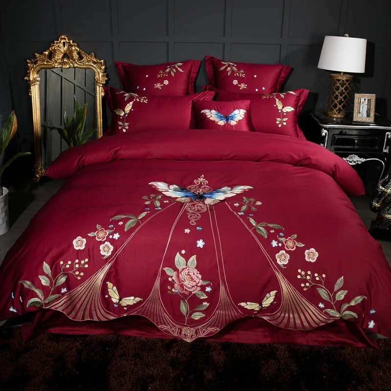 Dark Red Embroidered Duvet Quilt Covers 4pcs Egyptian Cotton Satin Bed Linen Double King Queen Size Golden Butterfly Bedding Set Bedding Sets Aliexpress