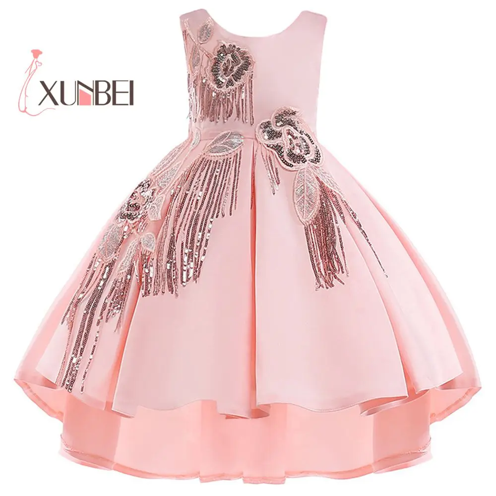 

New Arrival Princess Knee Length Hi-Low Flower Girl Dresses 2019 Sequined Flower Kids Satin Ball Gown Girls Communion Dresses